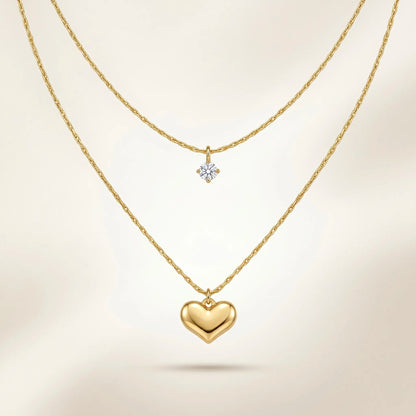 18Kt Gold Plated Heart & Solitaire Layered Necklace