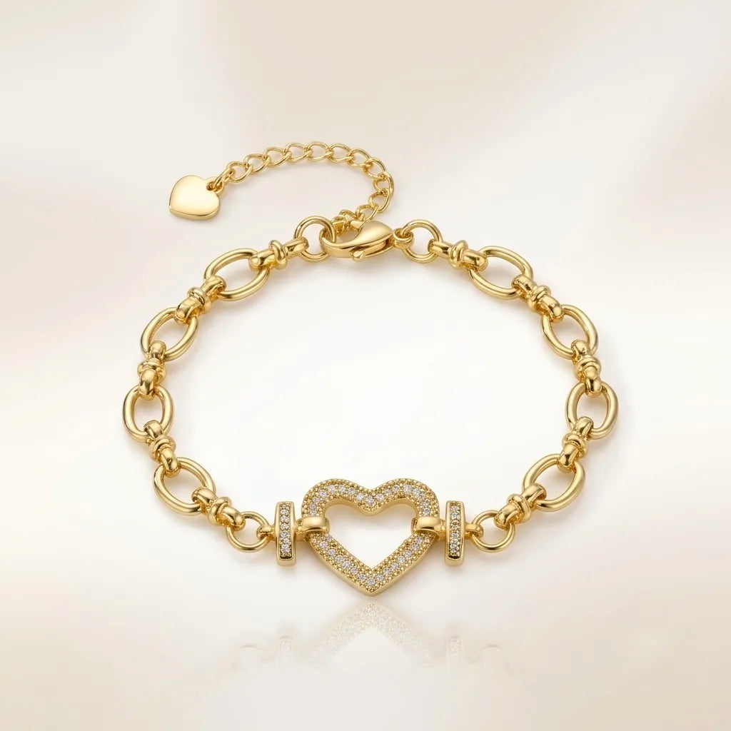 18Kt Gold Plated Pave Heart Link Bracelet