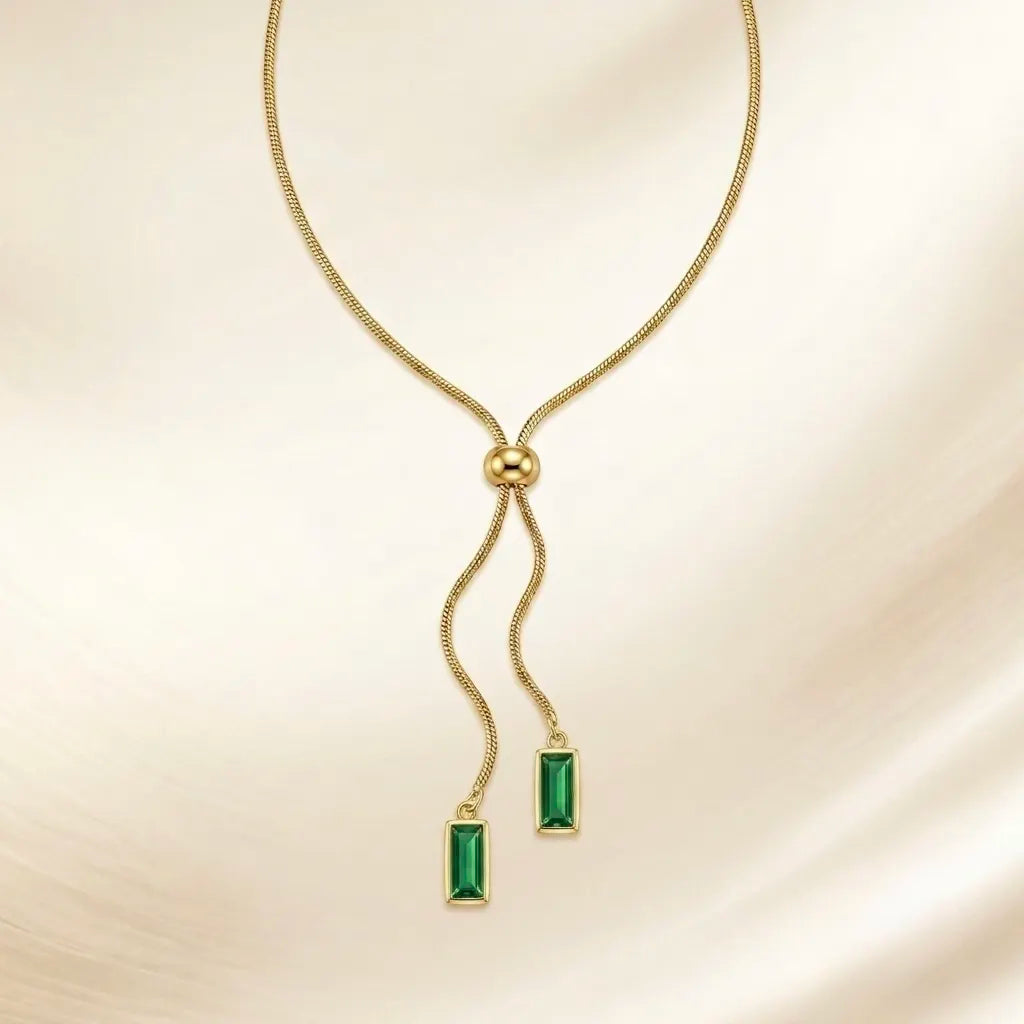 18Kt Gold Plated Green Crystal Y Drop Necklace