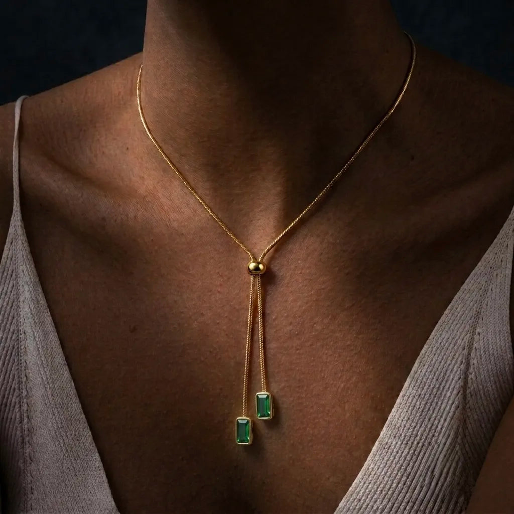 18Kt Gold Plated Green Crystal Y Drop Necklace