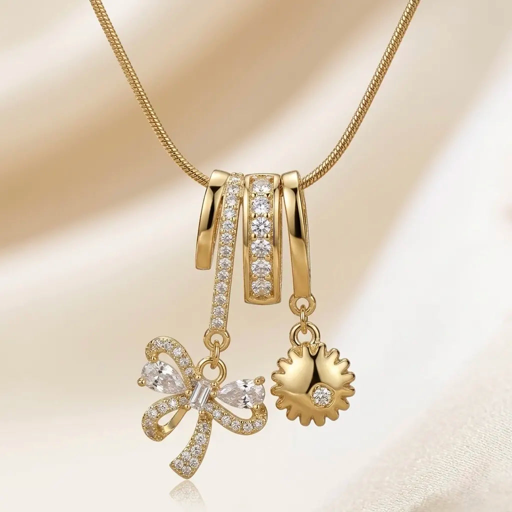 18Kt Gold Plated Bow & Sun Charm Pendant Necklace
