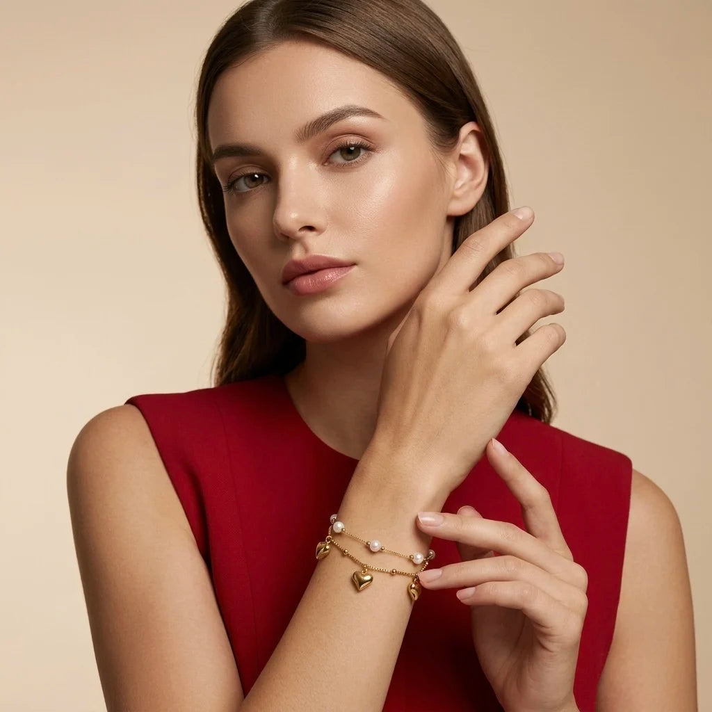 18Kt Gold Plated Layered Heart Charm Pearl Bracelet