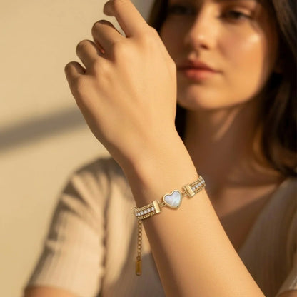18Kt Gold Plated Mother of Pearl Heart Crystal Layered Bracelet