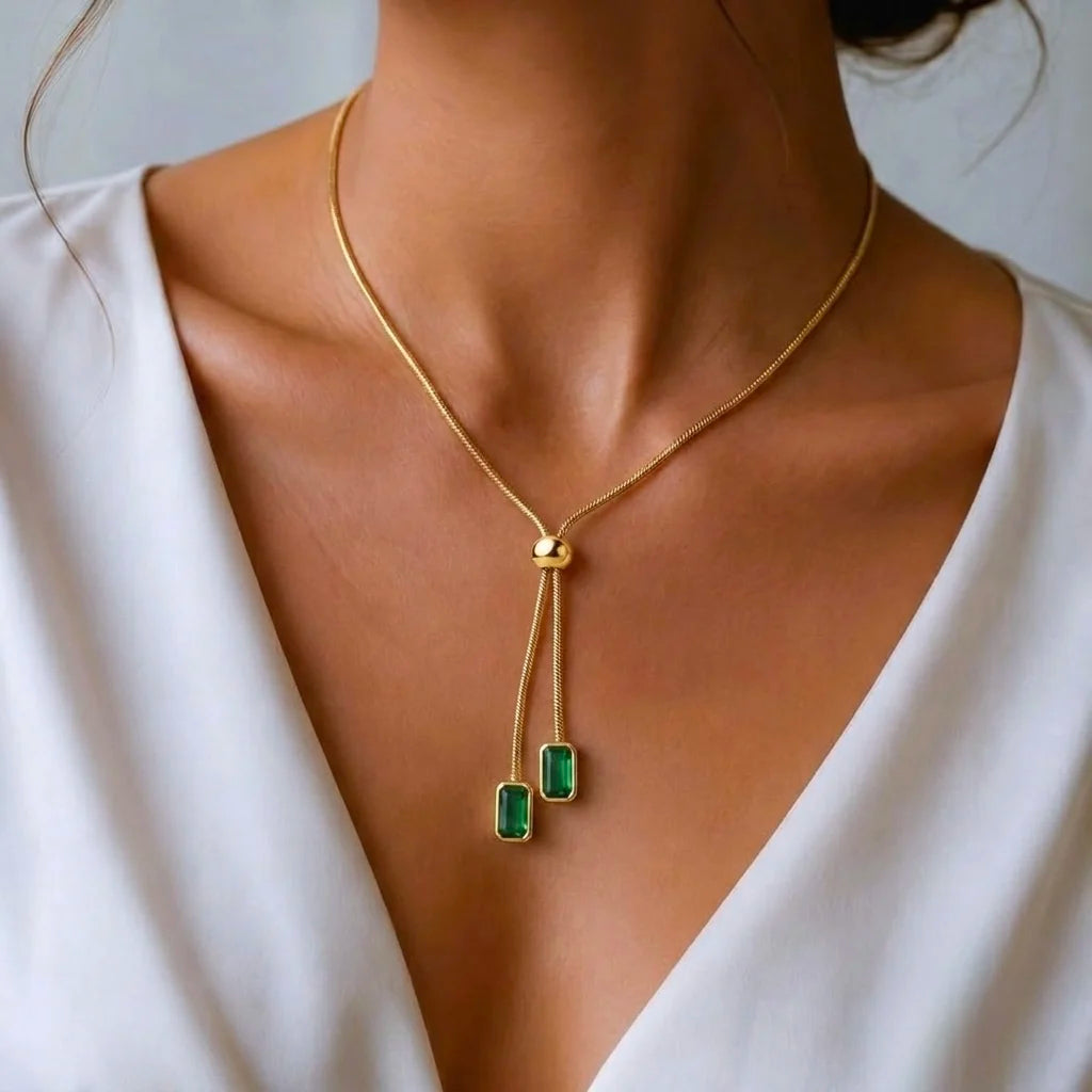 18Kt Gold Plated Green Crystal Y Drop Necklace