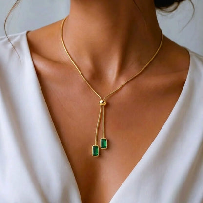 18Kt Gold Plated Green Crystal Y Drop Necklace