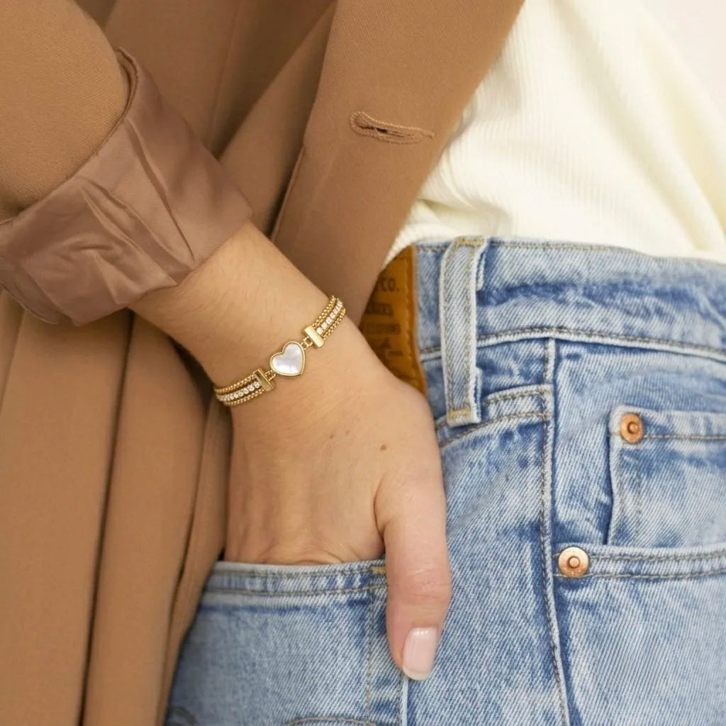 18Kt Gold Plated Mother of Pearl Heart Crystal Layered Bracelet