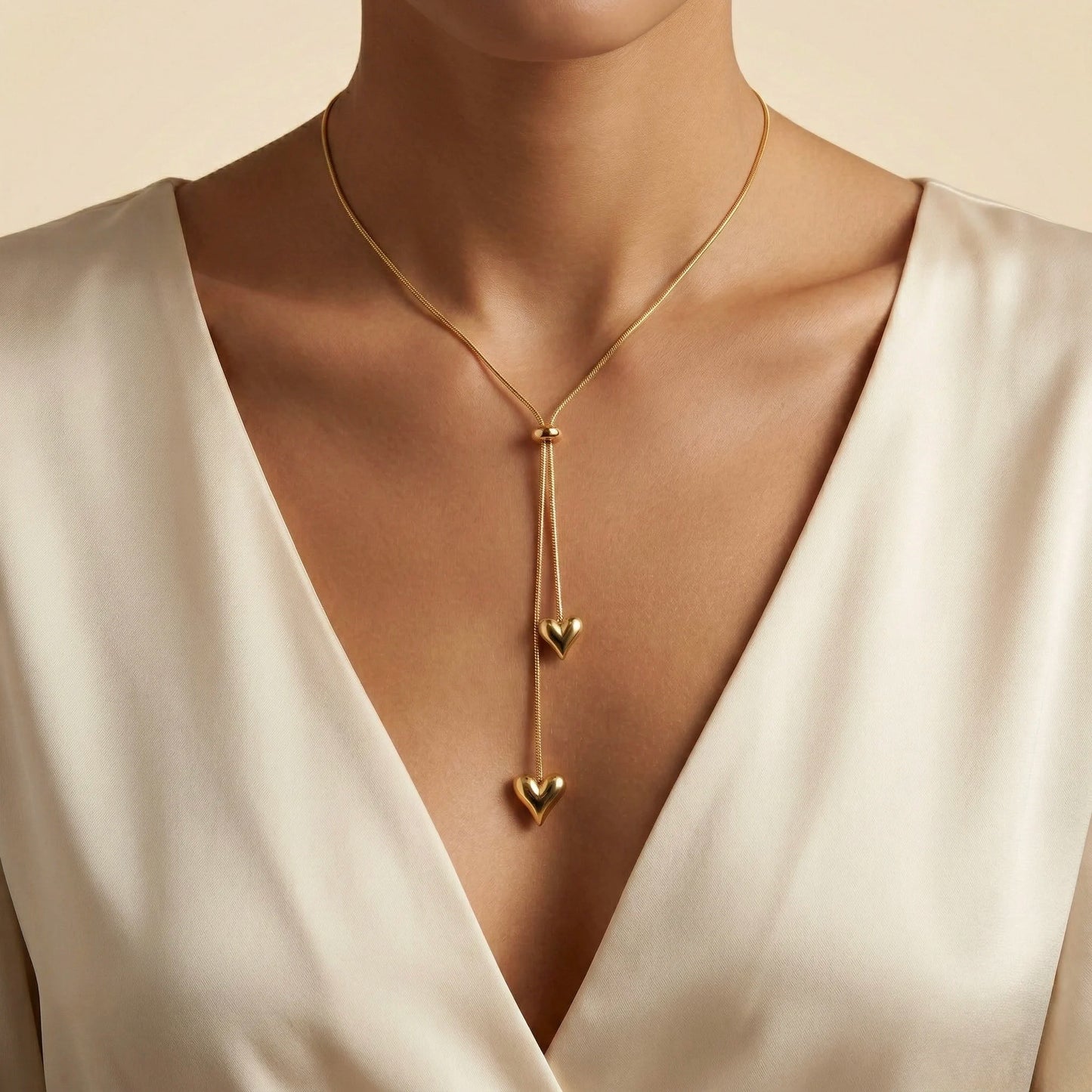 18Kt Gold Plated Double Heart Lariat Necklace