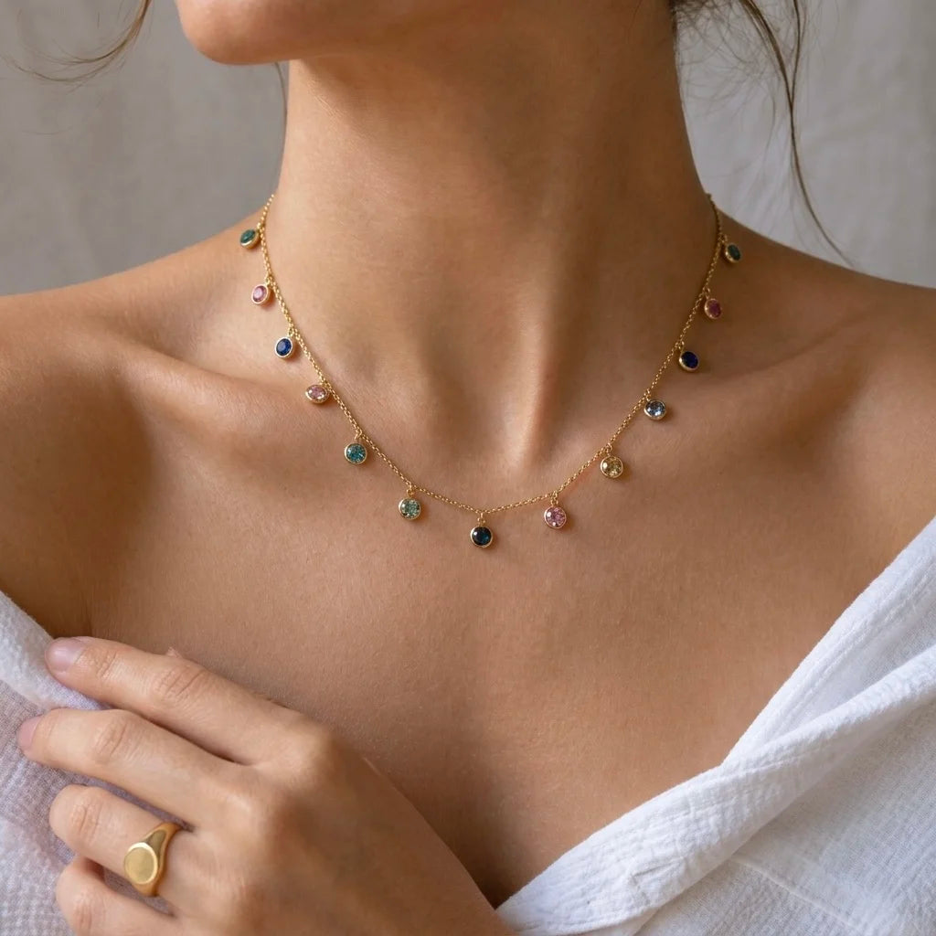18Kt Gold Plated Multicolor Stone Charm Necklace