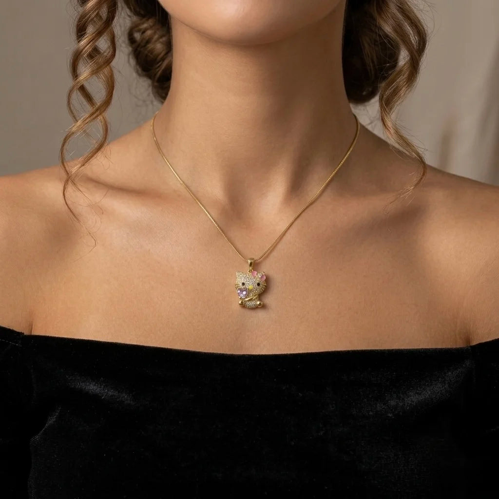 18Kt Gold Plated CZ Kitty Pendant Necklace