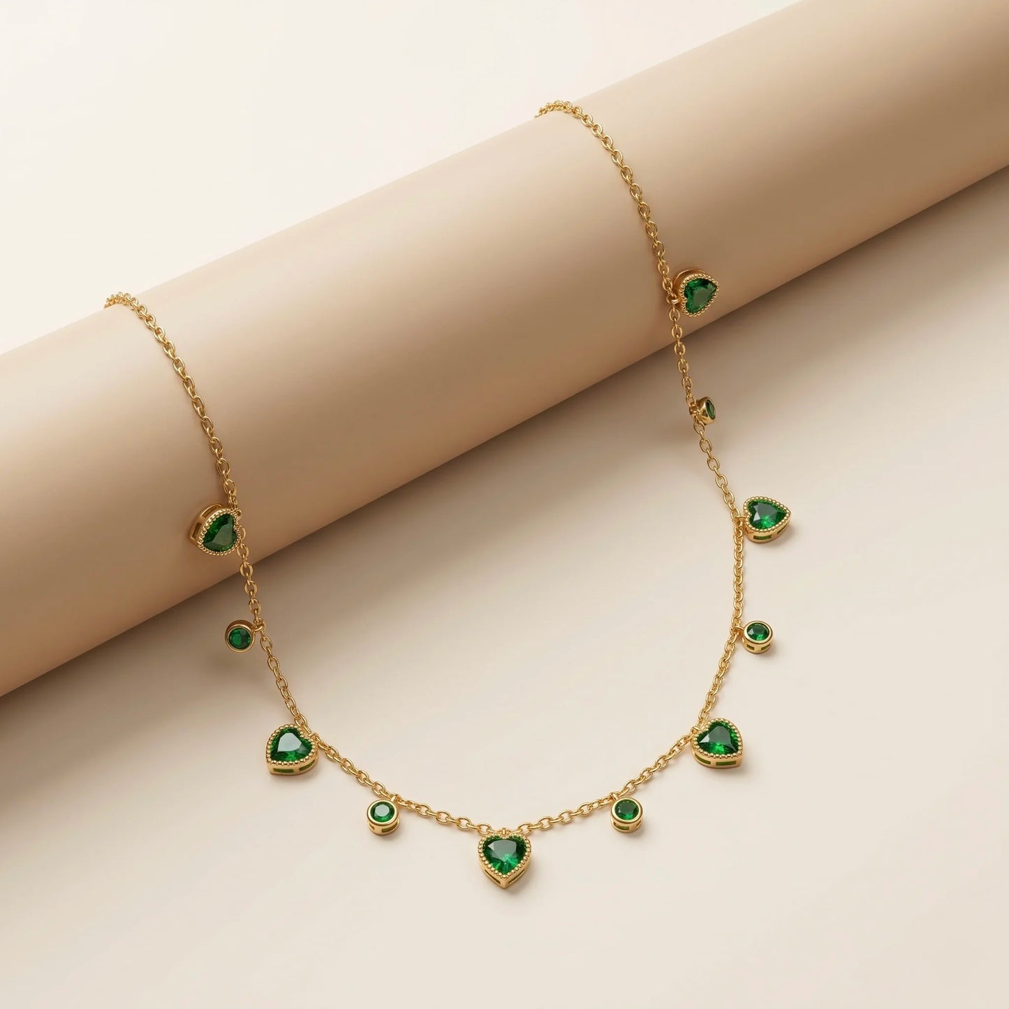 18Kt Gold Plated Green Stone Heart Necklace With Earrings