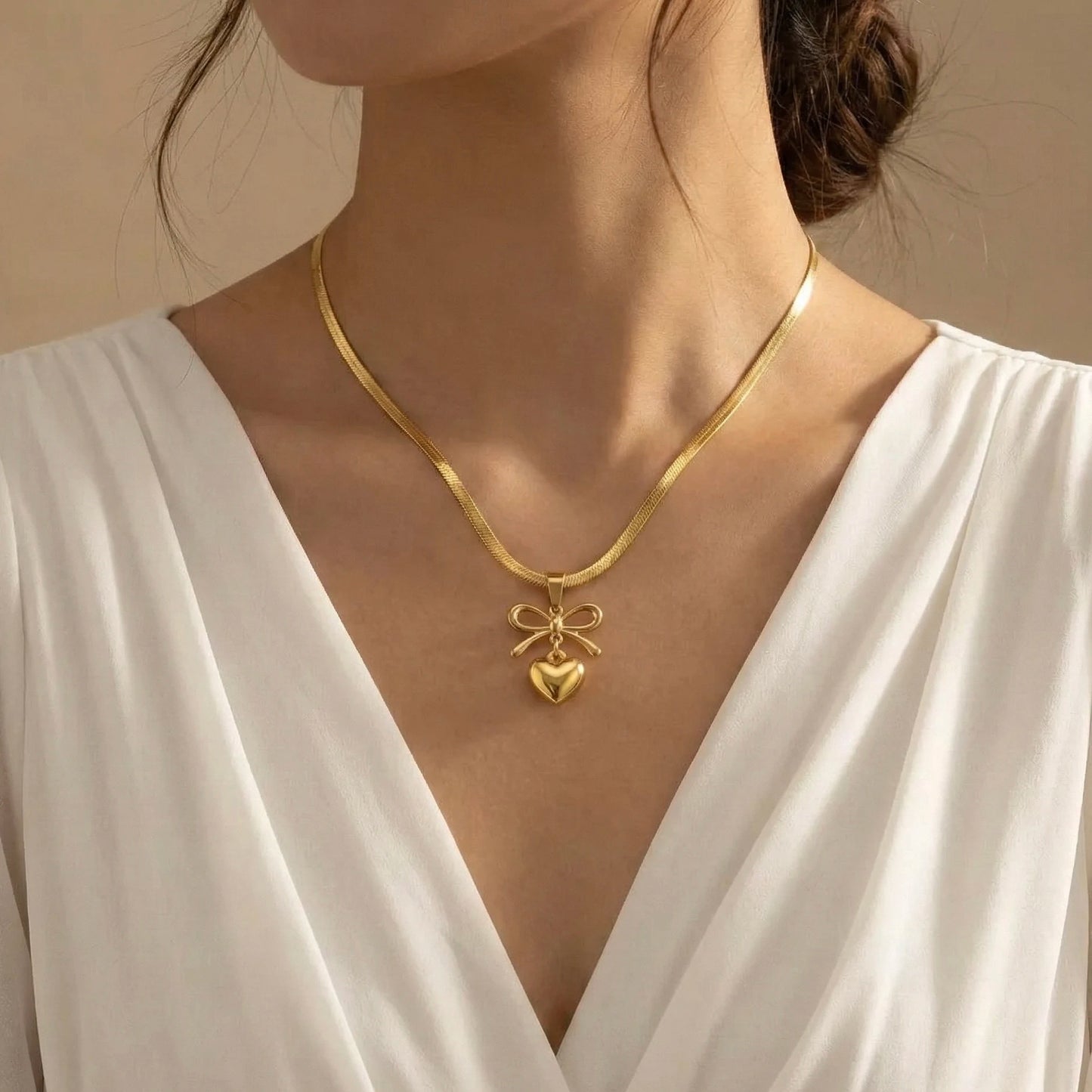 18KT Gold Plated Elegant Bow Heart Pendant Chain