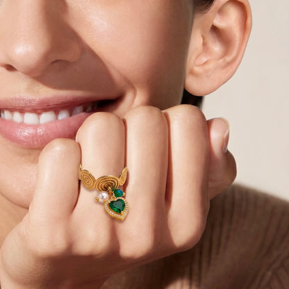 18Kt Gold Plated Emerald Green Heart Charm Adjustable Ring
