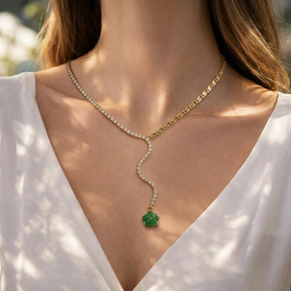 18Kt Gold Plated Green Crystal Floral Y Necklace