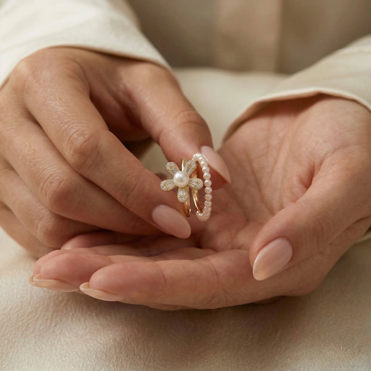 Adjustable, 18Kt Gold Plated Luxe Pearl Flower Stackable Rings