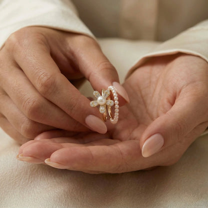 Adjustable, 18Kt Gold Plated Luxe Pearl Flower Stackable Rings