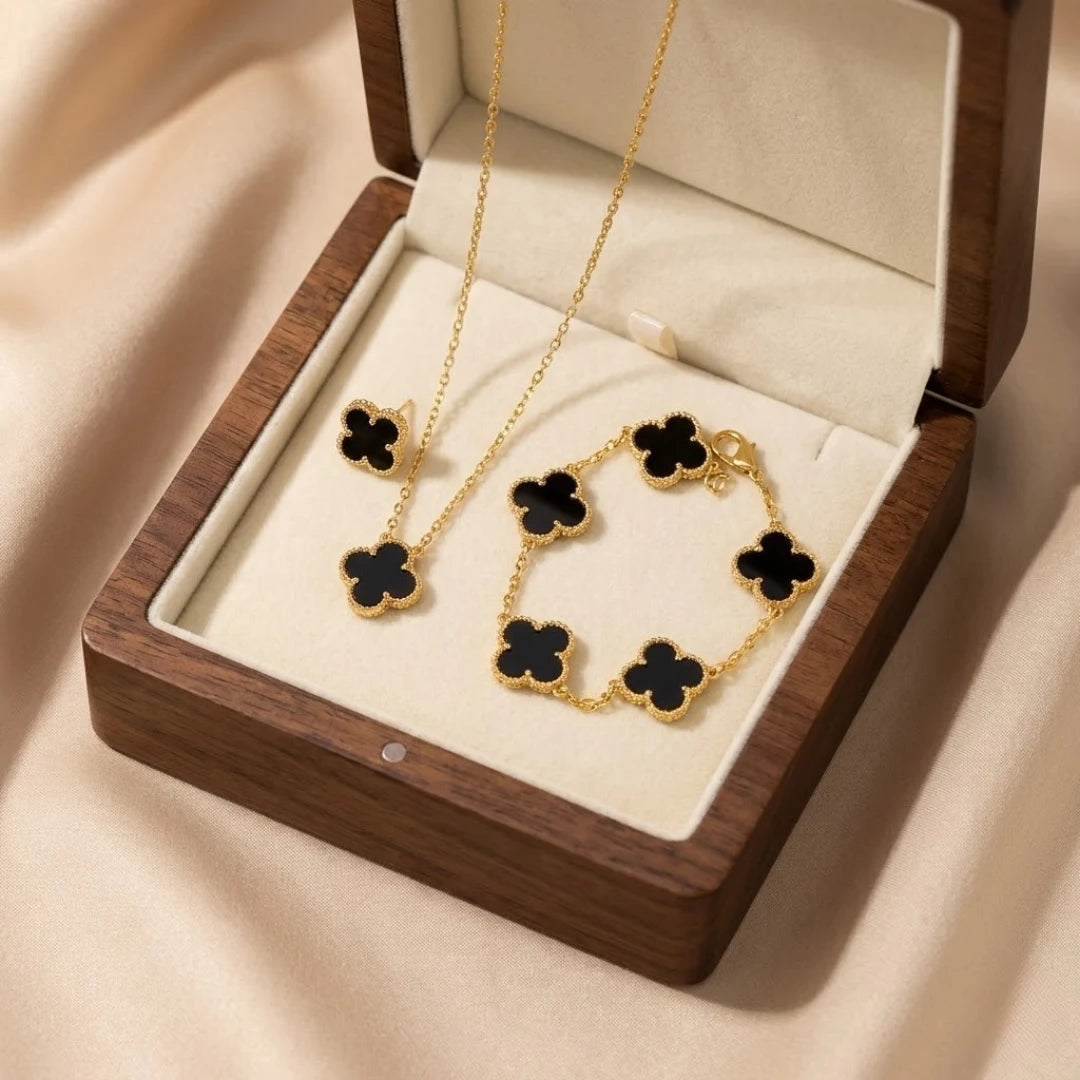 18KT Gold Plated Luxe Black Clover Trio Set