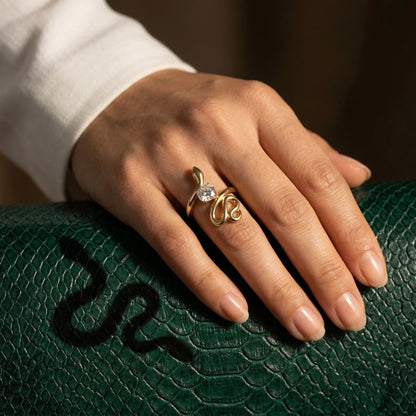 Adjustable, 18Kt Gold Plated Snake Wrap Crystal Ring