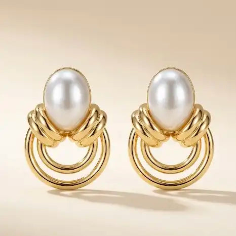 18KT Gold Plated Layered Loop Studs with Pearl Top  – Anti-Tarnish Modern Classic