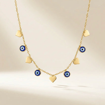 18Kt Gold Plated Evil Eye & Heart Charm Necklace