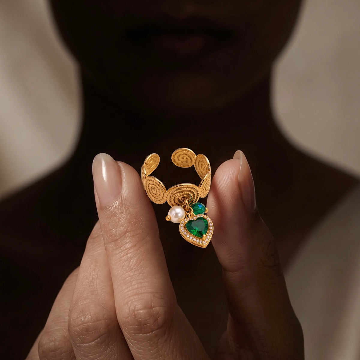 18Kt Gold Plated Emerald Green Heart Charm Adjustable Ring