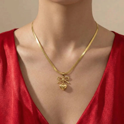 18KT Gold Plated Elegant Bow Heart Pendant Chain