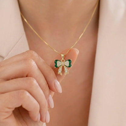 18Kt Gold Plated Green Bow Charm Necklace