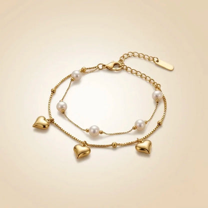18Kt Gold Plated Layered Heart Charm Pearl Bracelet