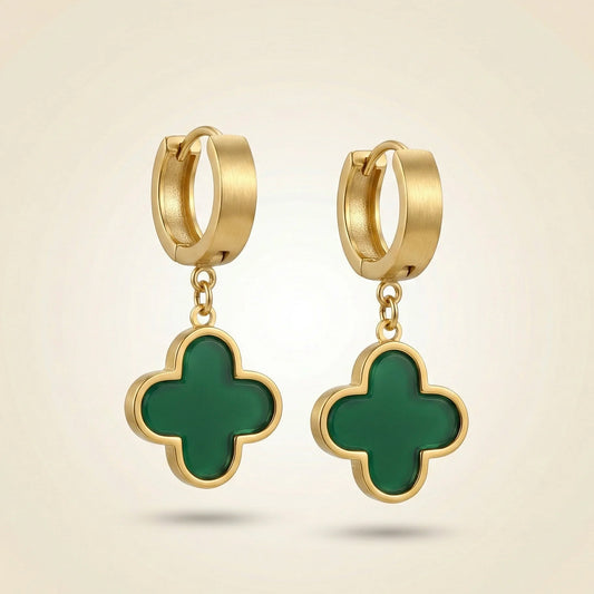 18KT Gold Plated Emerald Clover Drop Huggie Earrings