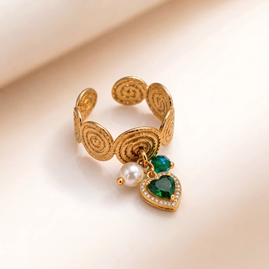 18Kt Gold Plated Emerald Green Heart Charm Adjustable Ring