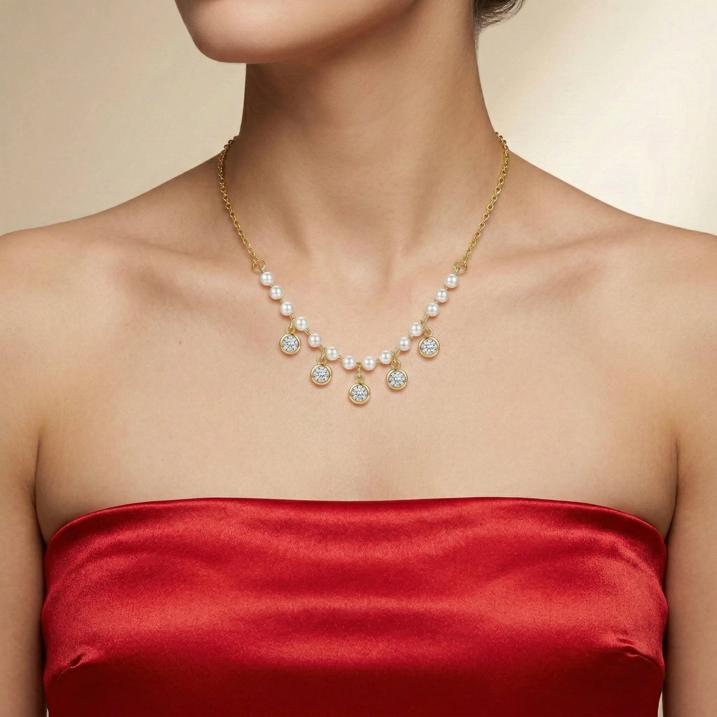 18Kt Gold Plated Pearl & CZ Drop Necklace