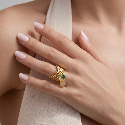 18Kt Gold Plated Textured Statement Adjustable Ring with Owl Charm