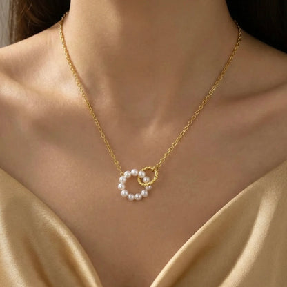 18KT Gold Plated Twin Ring Charm Pearl Necklace