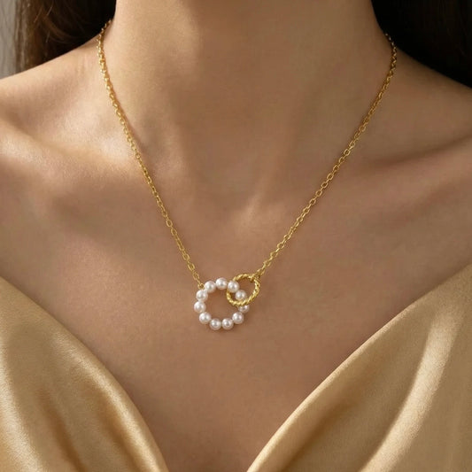 18KT Gold Plated Twin Ring Charm Pearl Necklace