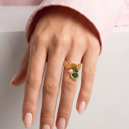 18Kt Gold Plated Emerald Green Heart Charm Adjustable Ring
