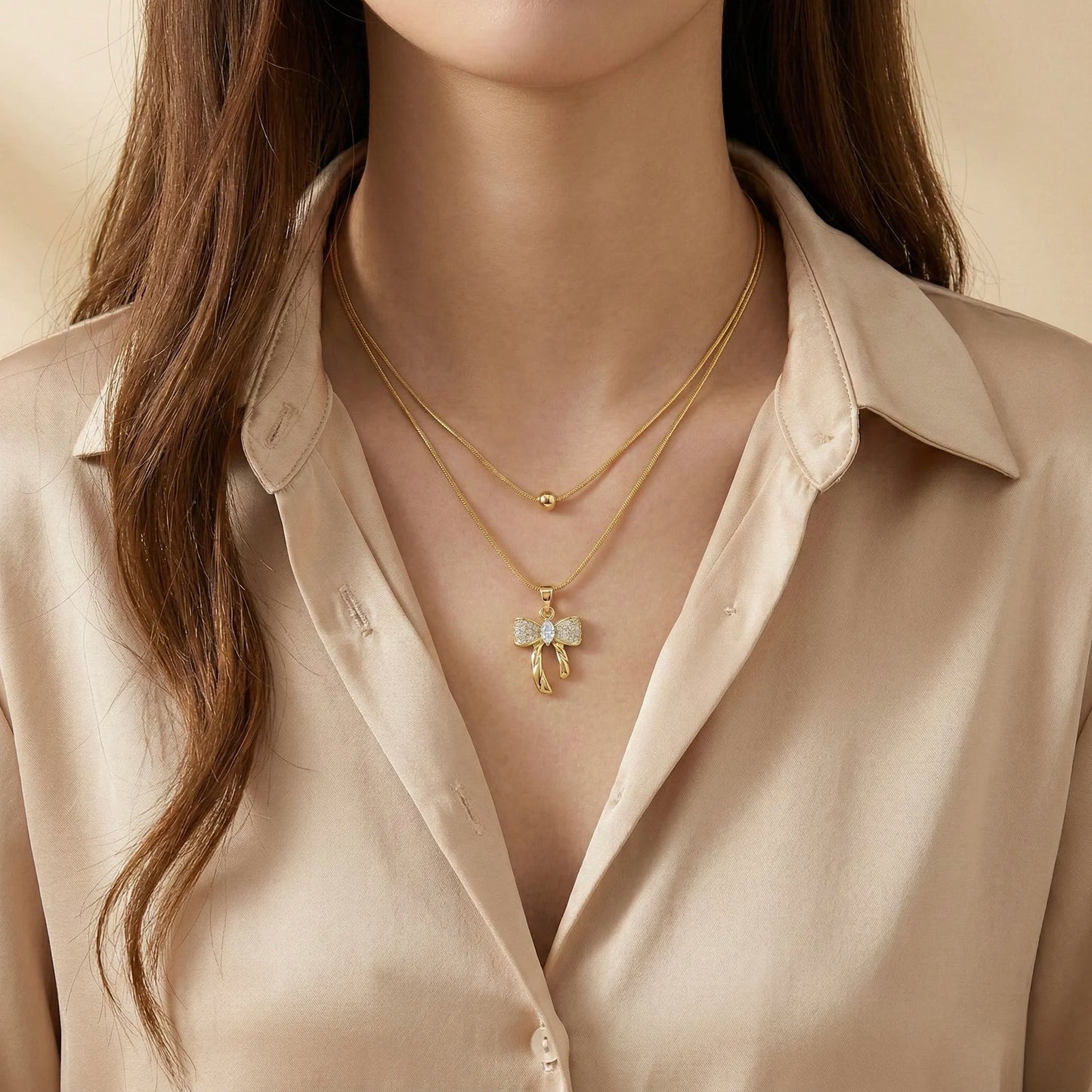 18Kt Gold Plated Double Layer Bow Pendant Necklace