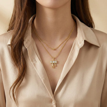 18Kt Gold Plated Double Layer Bow Pendant Necklace