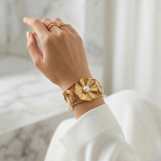 18KT Gold Plated Galaxy Pearl Orbit Bracelet Cuff