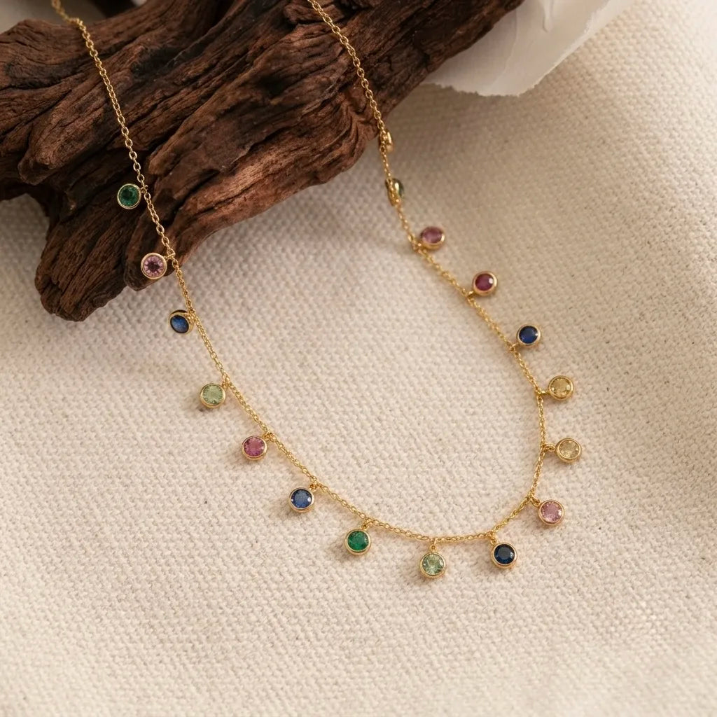18Kt Gold Plated Multicolor Stone Charm Necklace