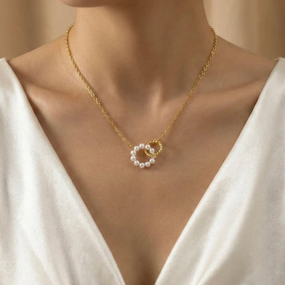 18KT Gold Plated Twin Ring Charm Pearl Necklace