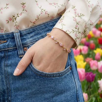 18Kt Gold Plated Pink Crystal tulip  Bracelet