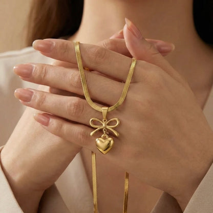 18KT Gold Plated Elegant Bow Heart Pendant Chain