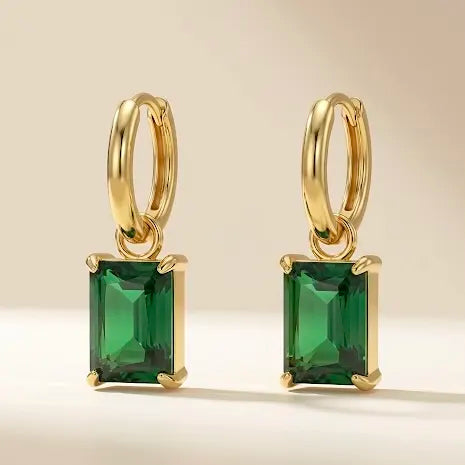 18KT Gold Plated Regal Green Emerald Rectangle Earrings