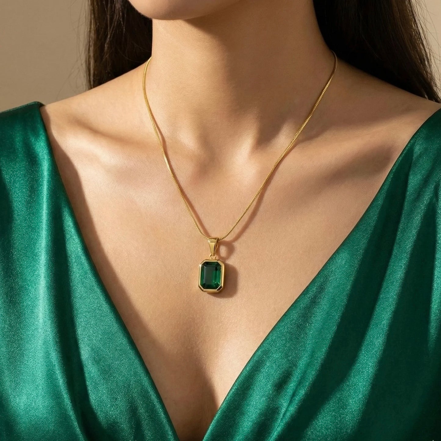 18KT Gold Plated Timeless Emerald Charm Necklace