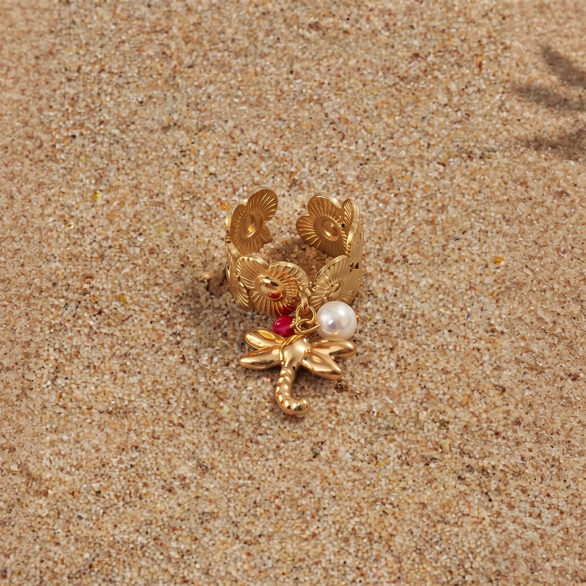 18Kt Gold Plated Floral Dragonfly Charm Statement  adjustable Ring