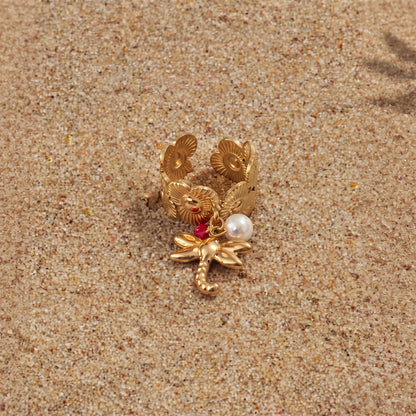 18Kt Gold Plated Floral Dragonfly Charm Statement  adjustable Ring