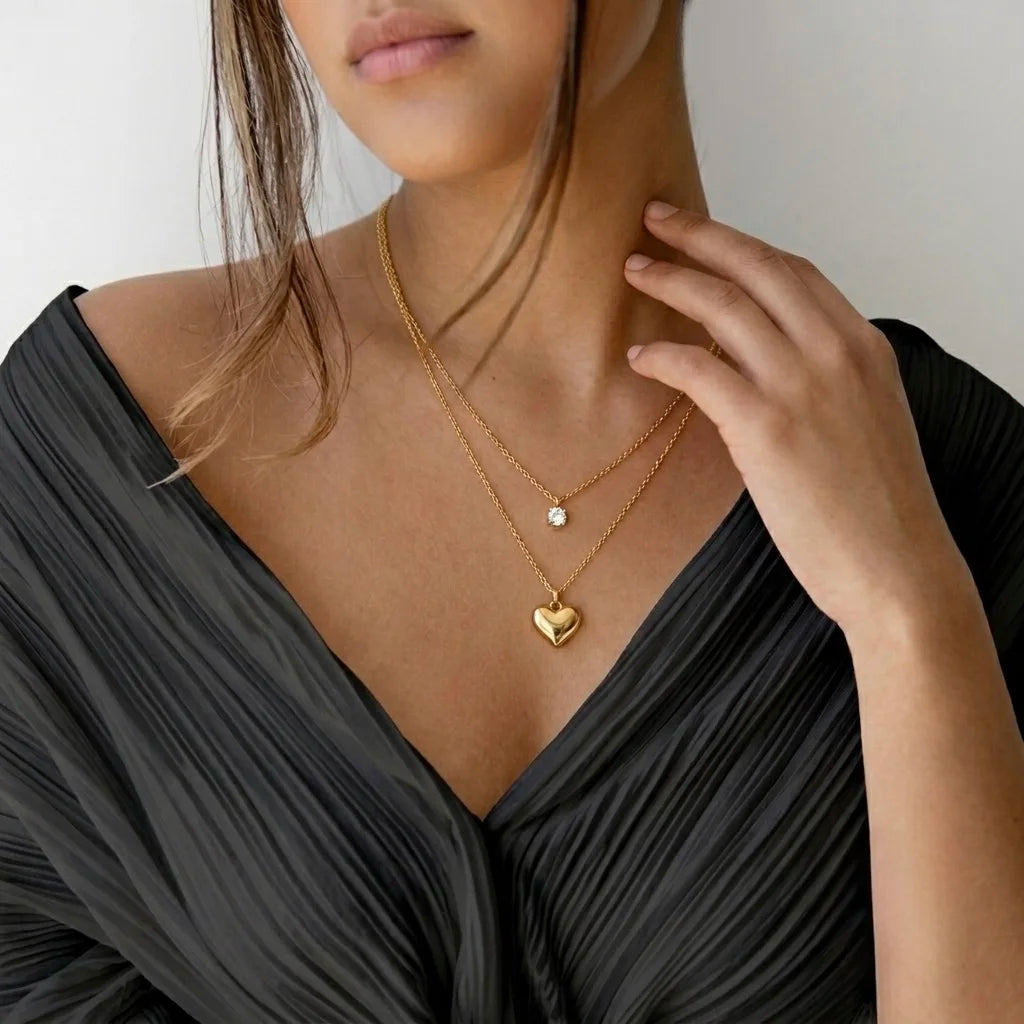 18Kt Gold Plated Heart & Solitaire Layered Necklace