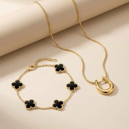 18Kt Gold Plated Black Clover Charm & U Pendant Set
