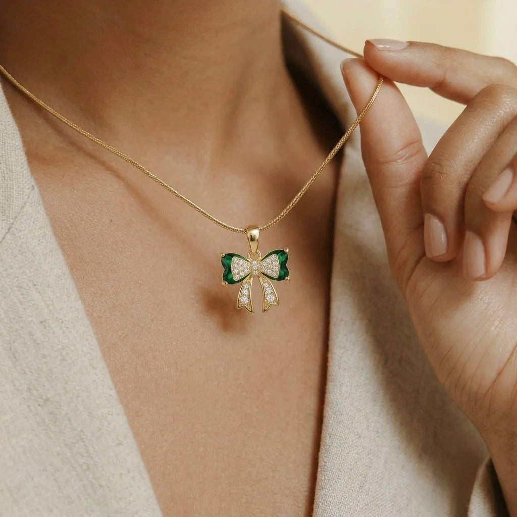 18Kt Gold Plated Green Bow Charm Necklace