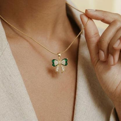 18Kt Gold Plated Green Bow Charm Necklace