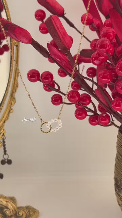 18KT Gold Plated Twin Ring Charm Pearl Necklace